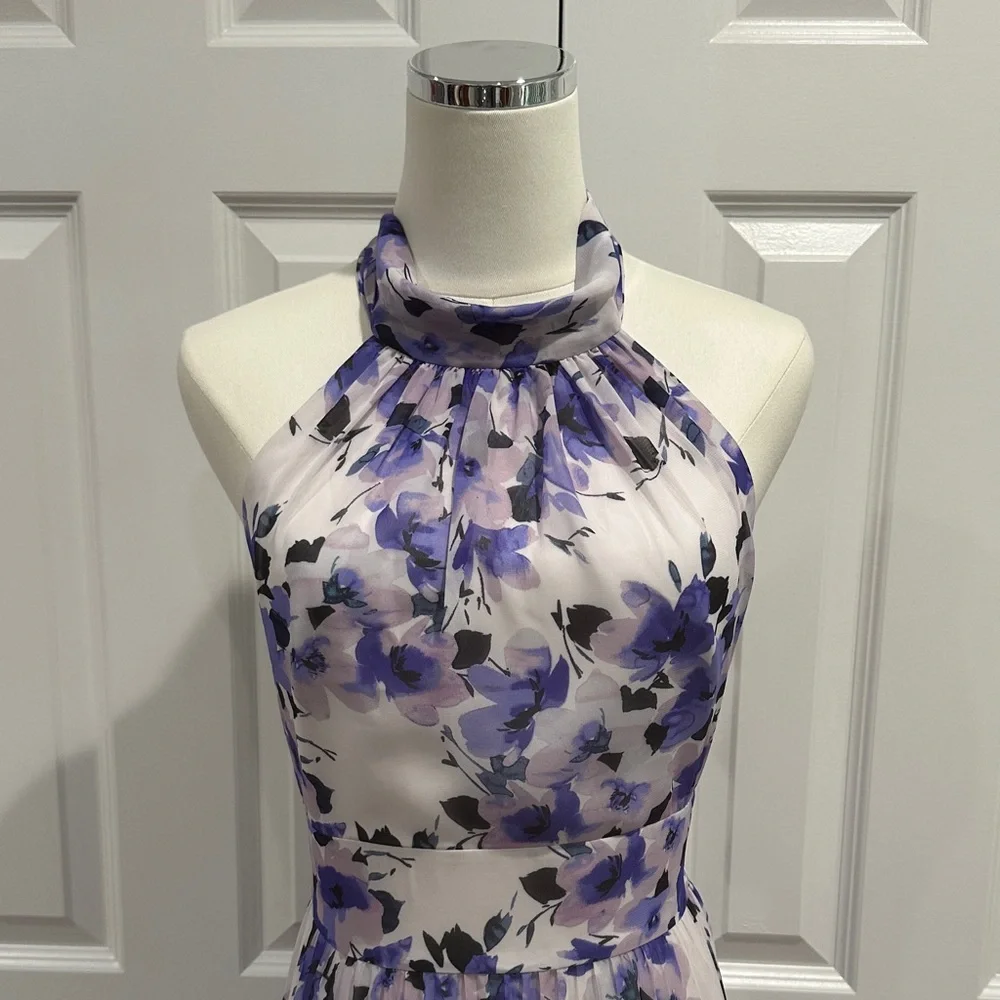 Eliza J Purple Floral Halter Tie Pleated Wedding Guest Party Maxi Dress Size 8 - Picture 7 of 16